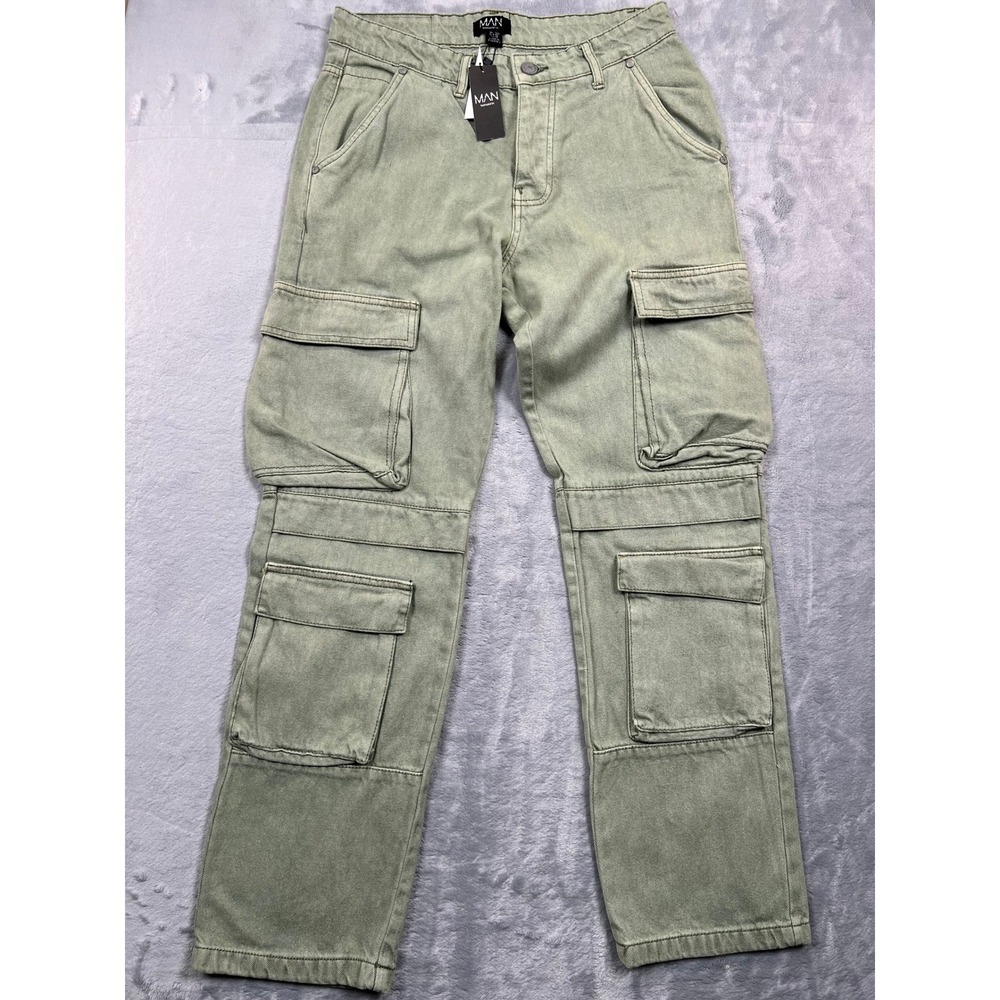 BoohooMAN Cargo Pants Mens 30 Olive Green Multi Pocket Utility Streetwear Denim